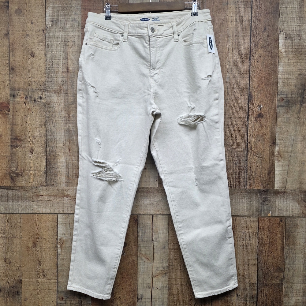 Old Navy OG Straight High Rise Demin Jeans Cream Distressed Womens Size 14 New